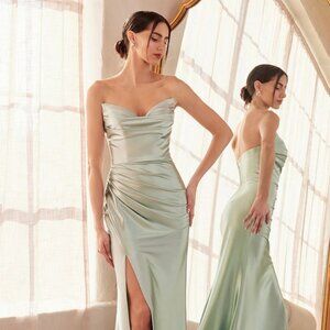 New Strapless Sheath Bridesmaid Satin Gown w/ V-Neck & Daring Leg Slit CD T704